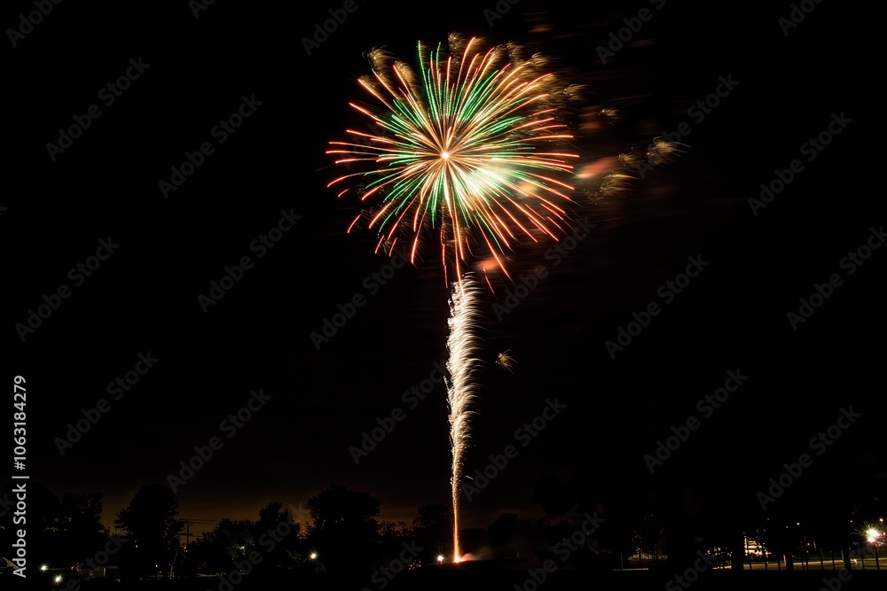 A fireworks display lighting up the night sky with bursts of bright colors. A fireworks display lighting up the night sky with bursts of bright colors.
