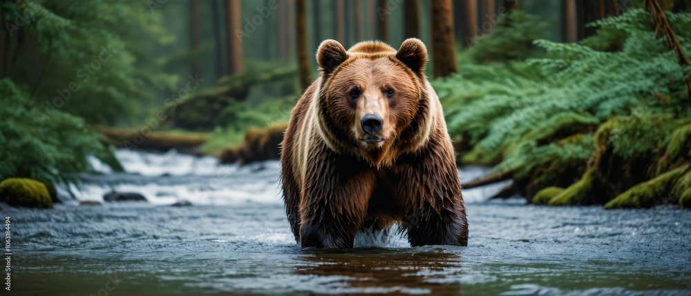 Obraz premium Majestic grizzly bear in lush forest stream