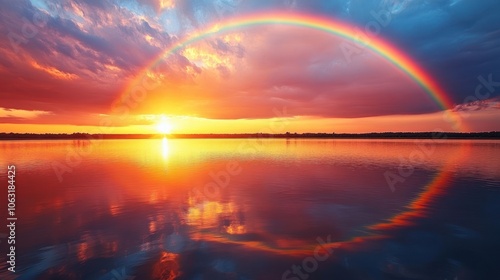 Bright rainbow against a vivid sunset with swirling clouds and soft orange reflections on a lake photo