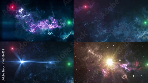 Set of Space Flight Through The Nebula. Stars and glare.