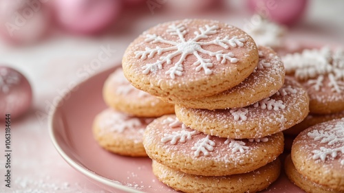 Pink star shaped cookies forming a border on pink background. Christmas cozy and birthday party design. Panorama banner