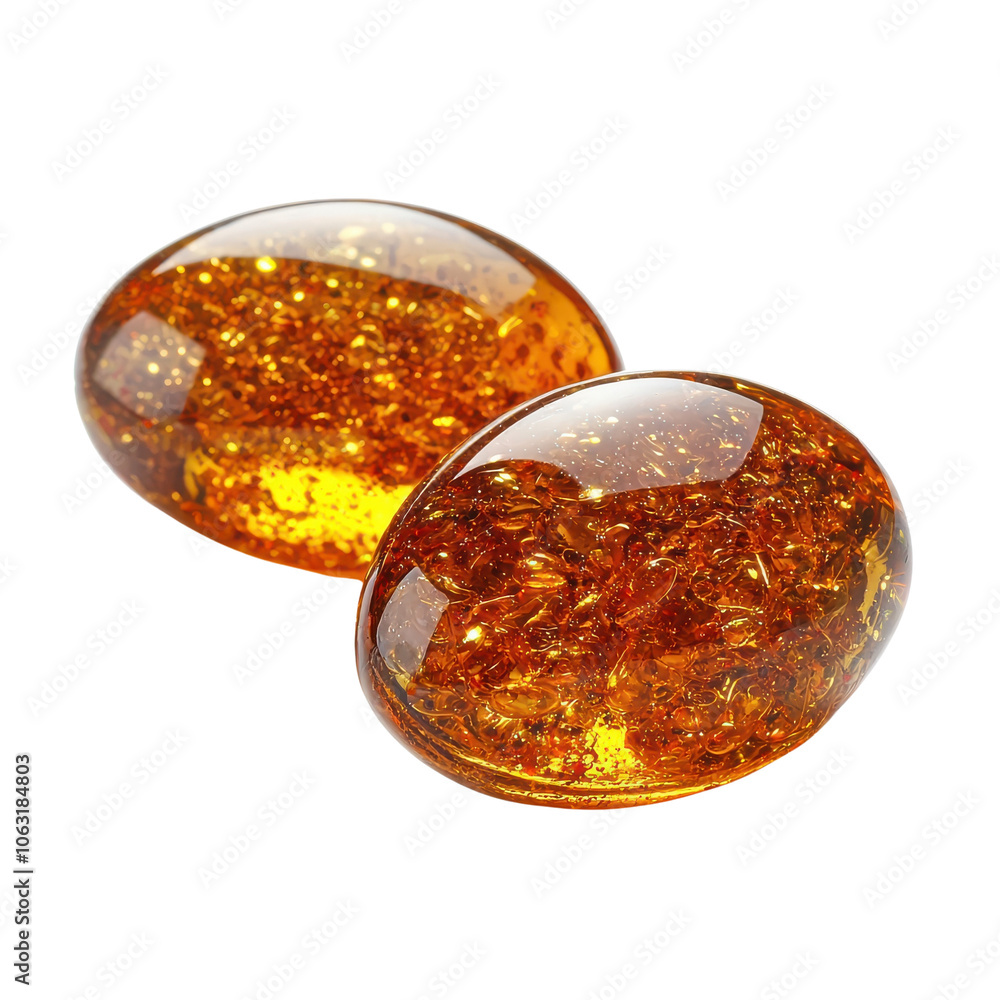 Two amber colored gemstones are sitting on a white background Two amber colored gemstones are sitting on a white background