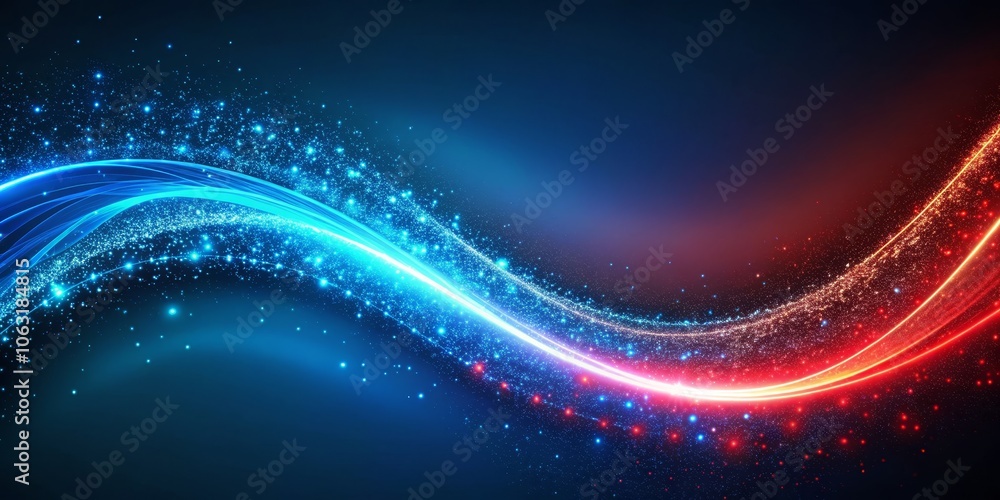 Obraz premium Abstract Blue and Red Sparkly Waves, Digital Art, Neon Lights, Background, Abstract, Art, Design