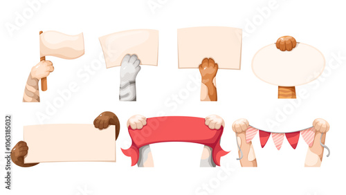 Cats cartoon paws hold blank banners and festive flags set. Funny animal activists with protest signs, demonstration, rally mascot. Cartoon pets participants of parade with banners vector illustration