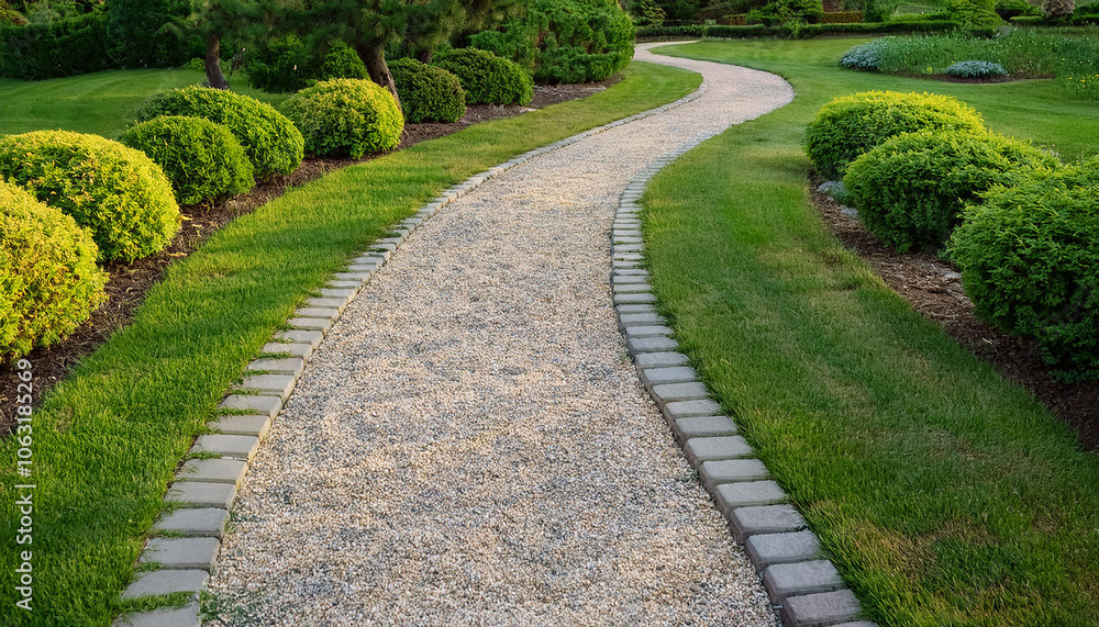 Obraz premium Winding stone and gravel path cutting through landscaped lawn, low shrubs and plants. Natural scene