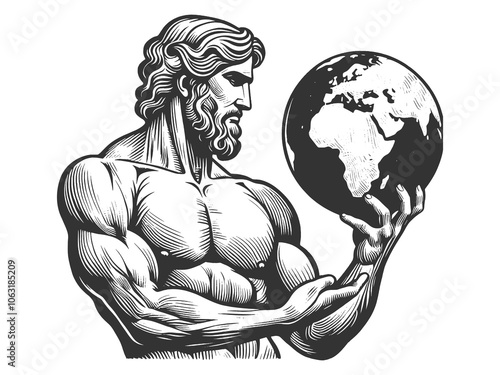 muscular man holding the Earth in one hand, symbolizing strength and responsibility sketch engraving generative ai raster illustration. Scratch board imitation. Black and white image. photo