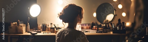 Woman Sitting In Front Of A Vanity Mirror photo