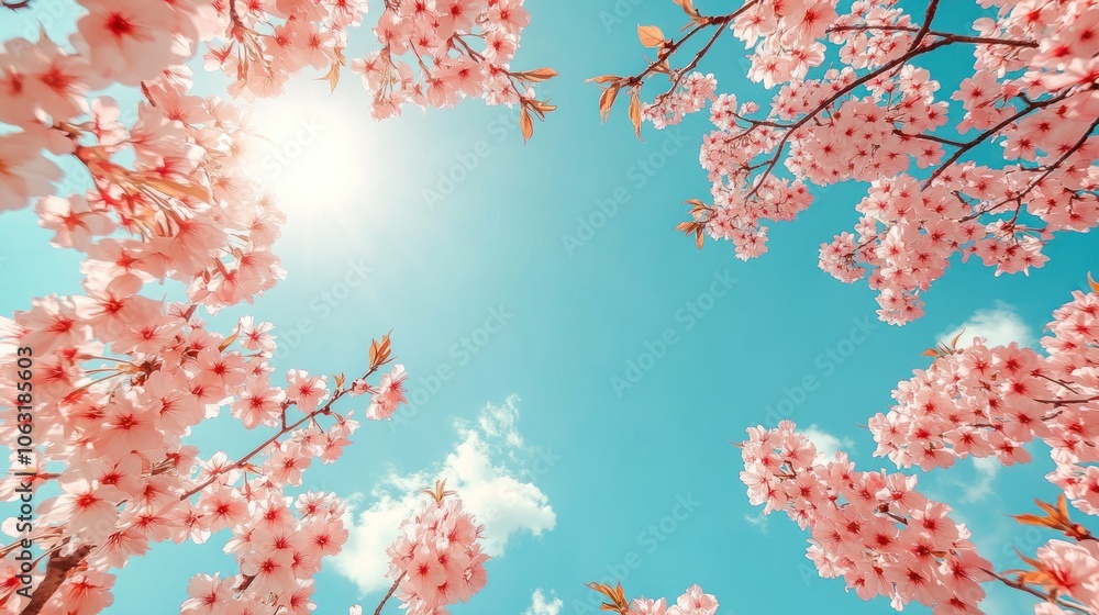 Cherry blossoms in full bloom against a bright blue sky, creating a stunning contrast of pink and blue Cherry blossoms in full bloom against a bright blue sky, creating a stunning contrast of pink and blue