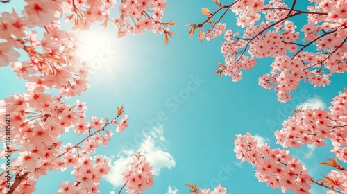 Cherry blossoms in full bloom against a bright blue sky, creating a stunning contrast of pink and blue