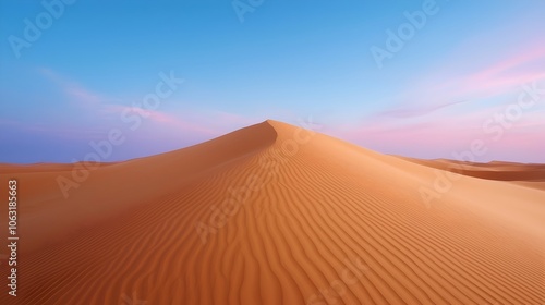 Breathtaking golden sand dunes stretching into the horizon in the Sahara Desert at the tranquil and serene sunrise hour evoking a sense of peaceful solitude