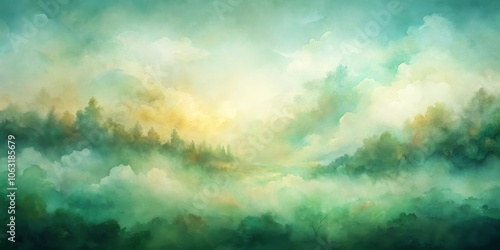 Dreamy Green Forest Landscape, Watercolor Painting, Mist, Nature, Woodland, Fantasy