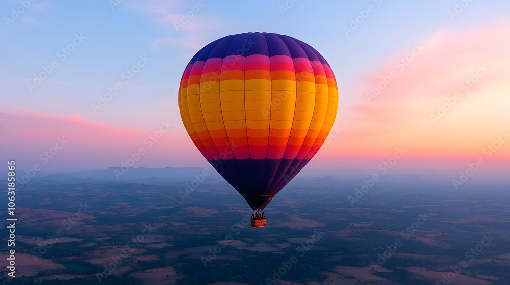 Naklejka premium Majestic ancient Buddhist temples of Bagan in Myanmar at the enchanting hour of sunrise with colorful hot air balloons gracefully soaring over the picturesque and historic landscape