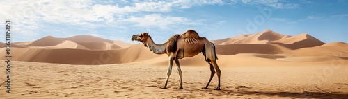 A Single Camel Standing in a Desert Landscape photo