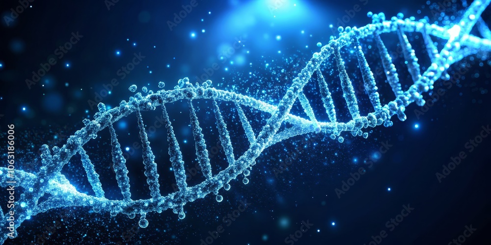 Glowing Blue DNA Helix, 3D Rendering, Particle Illustration, Science, Genetics, Biology Glowing Blue DNA Helix, 3D Rendering, Particle Illustration, Science, Genetics, Biology