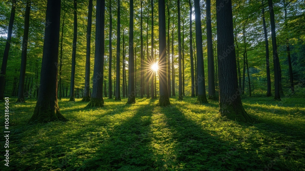 Cinematic view of a spring forest with towering trees and sunlight streaming through, casting dappled light on the fresh green foliage below Cinematic view of a spring forest with towering trees and sunlight streaming through, casting dappled light on the fresh green foliage below