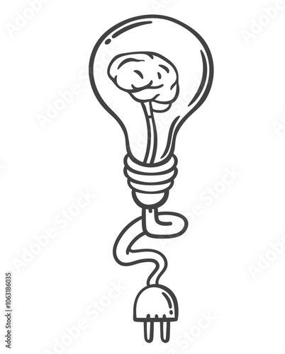 Light bulb with plug and human brain inside line icon. Outline hand drawn creative idea generator with charger. Brainstorm, innovation mascot, incentive for brain development icon vector illustration
