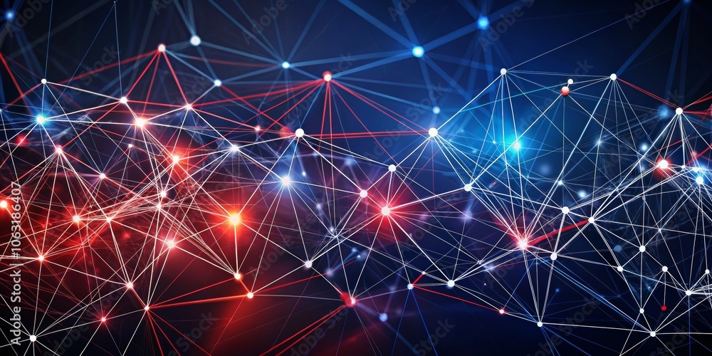 Obraz premium Interconnected Network with Red and Blue Glowing Lines, Digital, Technology, Abstract Network