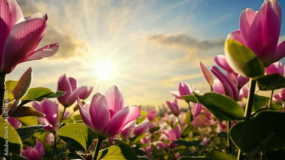 Pink flowers bloom in a field under a bright sun Pink flowers bloom in a field under a bright sun
