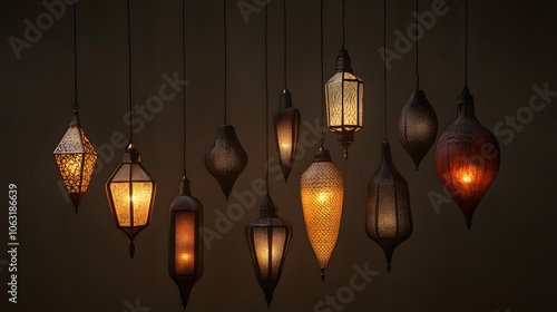 A collection of ornate, hanging, lit lanterns with intricate metalwork