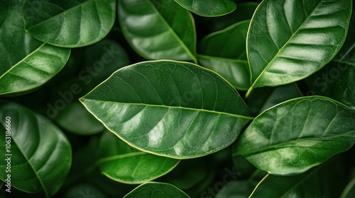 Close-up of large rubber leaves, smooth leaf texture, creating a natural feel backdrop.