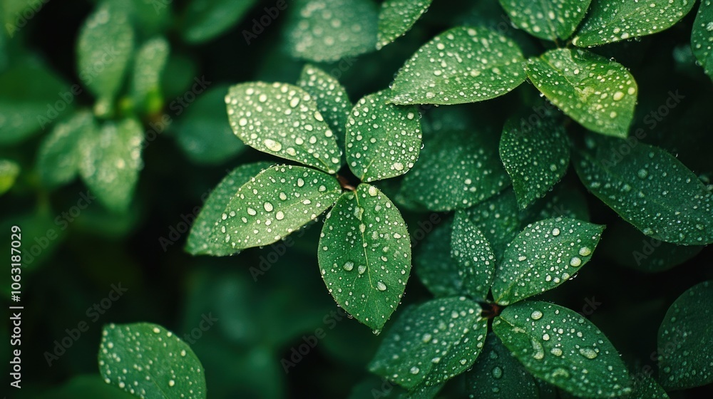 Close-up of vibrant green leaves in spring, with dew droplets glistening in the morning light Close-up of vibrant green leaves in spring, with dew droplets glistening in the morning light