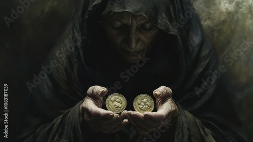 . image of the widowâ€™s offering, where she gives two small coins, symbolizing sacrificial giving and the heart behind generosity,