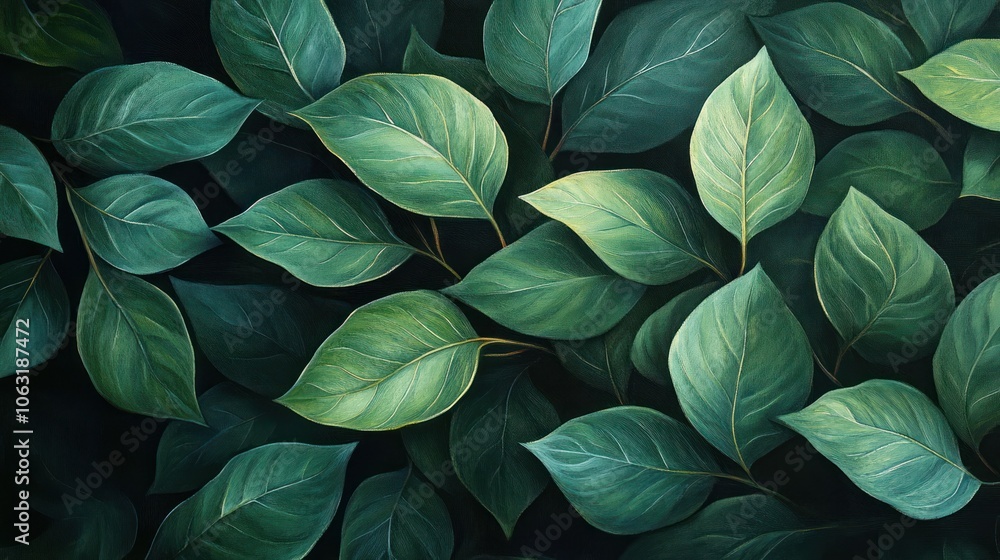 Dark green leaves with fine veins, natural light through, creating realism and life Dark green leaves with fine veins, natural light through, creating realism and life