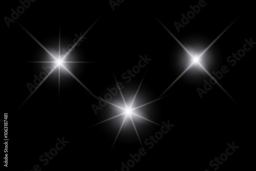 White sparkle lights, flashing lights, light effects, sunlight lens flare, glowing ray beams, sparkling starsicon on black background.