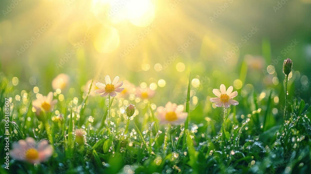 Dew-covered grass and blooming flowers in a spring meadow, with sunlight breaking through the mist in the background Dew-covered grass and blooming flowers in a spring meadow, with sunlight breaking through the mist in the background