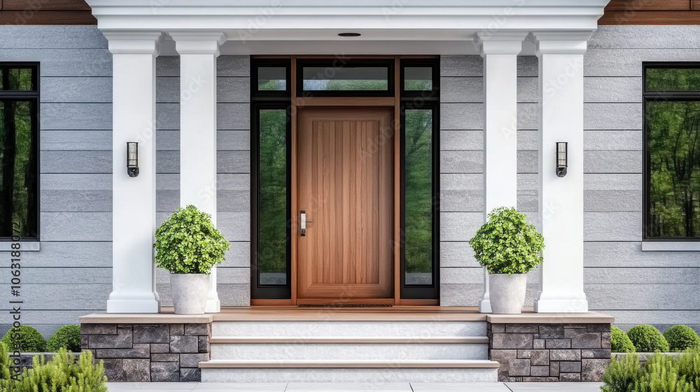 A wooden front door, surrounded by windows, with white, blue, and stone siding A wooden front door, surrounded by windows, with white, blue, and stone siding