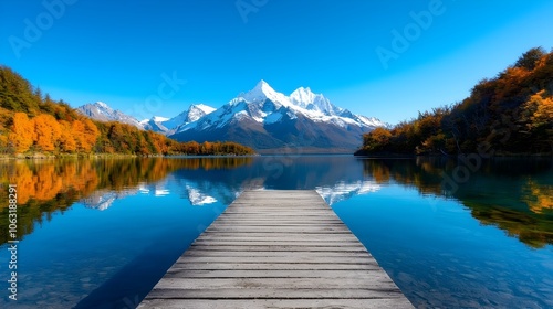 Serene and Picturesque Mountain Lake with Mirrored Reflections of Snowy Peaks in the Remote and Untamed Wilderness of Patagonia Argentina