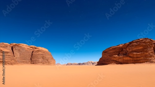 Stunning view of the ancient rock formations and petroglyphs carved into the sandstone cliffs of Wadi Rum Jordan set against a breathtaking starry night sky with the Milky Way galaxy