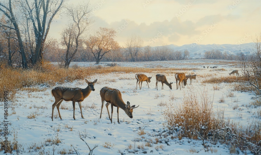 Deer graze in snowy field with distant mountains. Deer graze in snowy field with distant mountains.