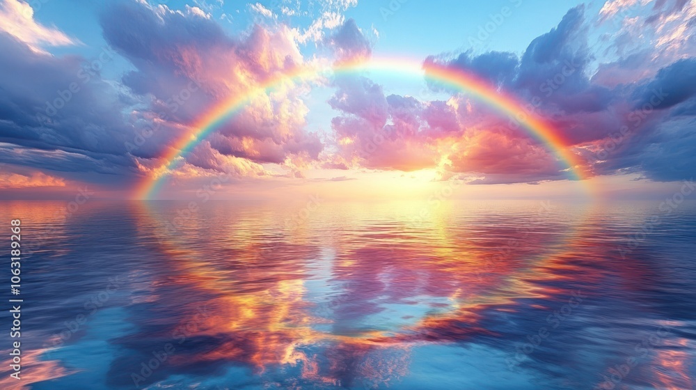 Double rainbow reflecting on the surface of the ocean, with soft waves and a glowing sky Double rainbow reflecting on the surface of the ocean, with soft waves and a glowing sky