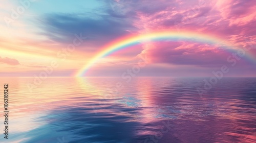 Double rainbow reflecting on the surface of the ocean, with soft waves and a glowing sky