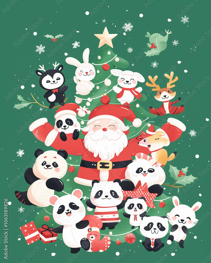 Cute Christmas Scene with Santa Claus and Adorable Animals Decorating Christmas Tree Cute Christmas Scene with Santa Claus and Adorable Animals Decorating Christmas Tree