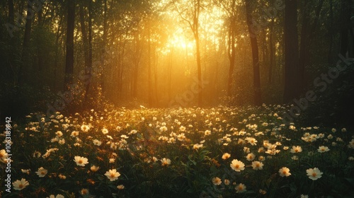 Enchanting spring forest bathed in golden hour light, with fresh greenery and flowers glowing softly in the twilight photo