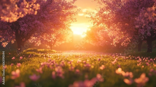 Epic wide shot of a spring meadow bordered by blossoming trees, with golden hour light creating a warm, cinematic glow over the scene