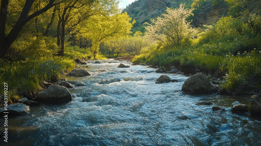 Fast-flowing spring river with clear water winding through a valley filled with lush greenery and blooming trees Fast-flowing spring river with clear water winding through a valley filled with lush greenery and blooming trees