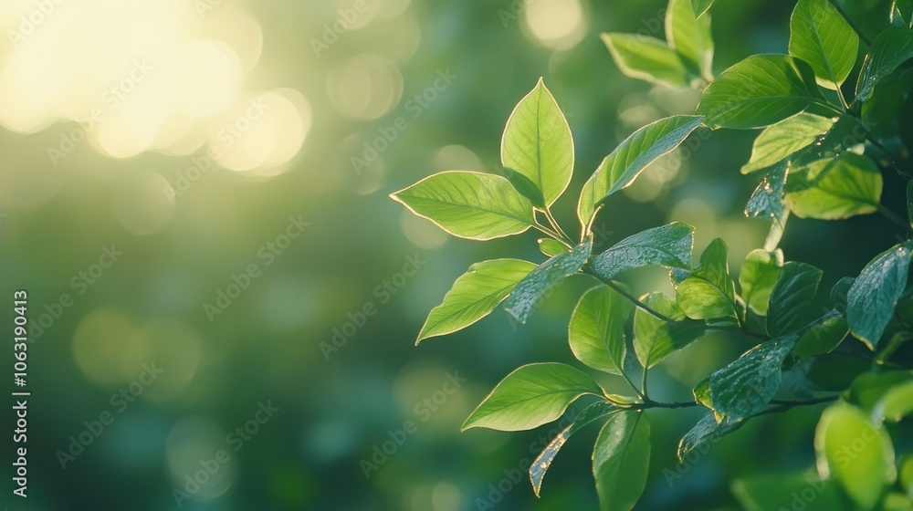 Fresh green leaves gently swaying in a spring breeze, with sunlight streaming through the branches Fresh green leaves gently swaying in a spring breeze, with sunlight streaming through the branches