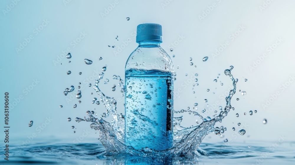 Bottle of water and splashes on light background Bottle of water and splashes on light background