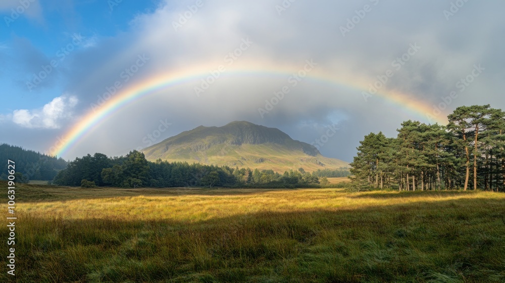 Full rainbow arching across a remote mountain scene with a dense forest at the base Full rainbow arching across a remote mountain scene with a dense forest at the base
