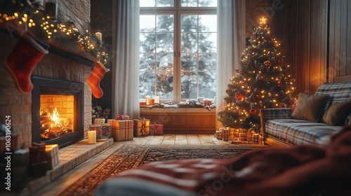 Cozy living room with a roaring fireplace, Christmas tree adorned with twinkling lights, stockings hanging, plaid blankets, and soft pillows. 4K hyperrealistic photo.