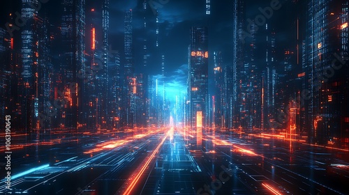 Digital cityscape with glowing lines and data background, Digital cityscape hologram background