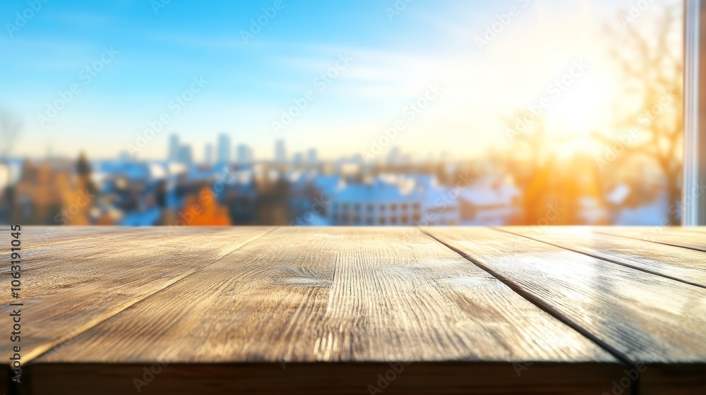 Rustic wooden table with breathtaking cityscape view, perfect for dining, work, or relaxation Rustic wooden table with breathtaking cityscape view, perfect for dining, work, or relaxation