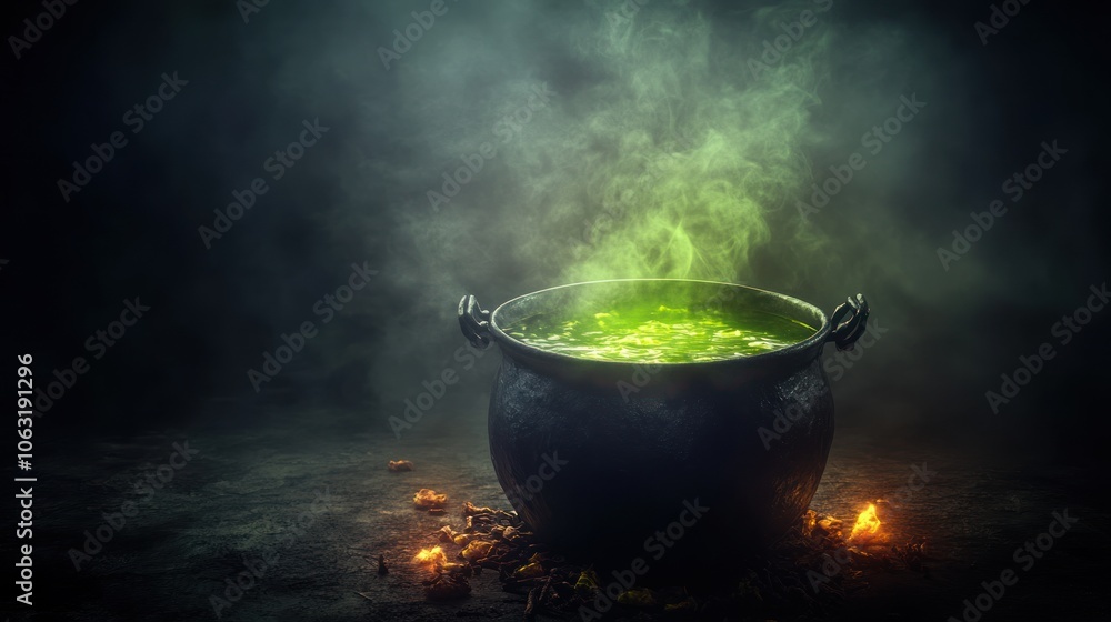 A Cauldron of Mystery: A Green Potion Bubbles and Smokes A Cauldron of Mystery: A Green Potion Bubbles and Smokes