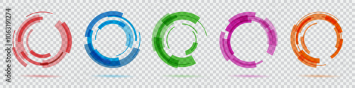 Abstract frames. Technology digital logo. Graphic shapes for background or icons. Round optical borders. Circular motion. Geometric transparent twirl. Vector design circle symbols set