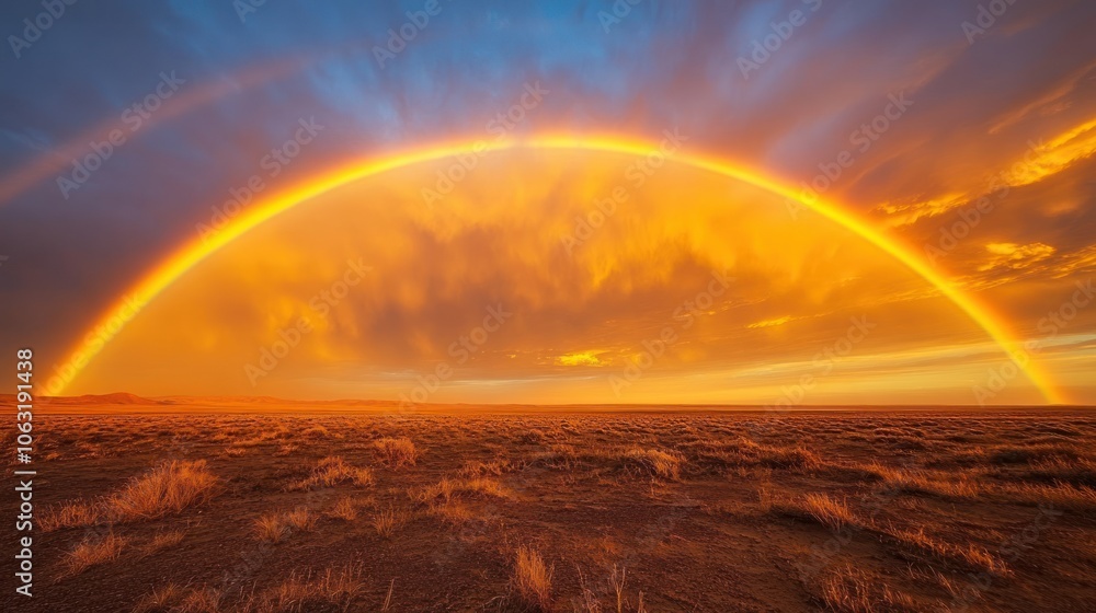 Golden hour rainbow arching across a dramatic desert landscape with a wide open sky Golden hour rainbow arching across a dramatic desert landscape with a wide open sky