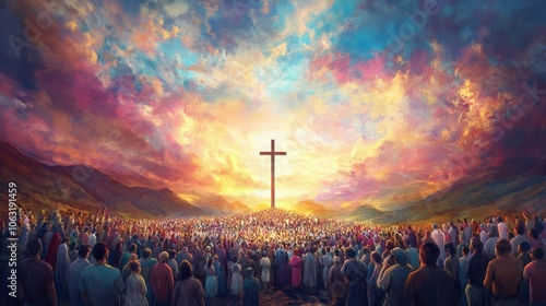 A large crowd of diverse people gather in front of a giant cross under a dramatic sky depicting a scene of collective faith and worship