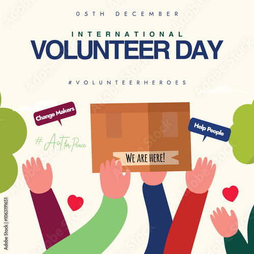 International Volunteer Day. 5th December Volunteer day celebration banner with different hands holding aid box. The day is celebrated to thank people who dedicate their time for volunteer services. 